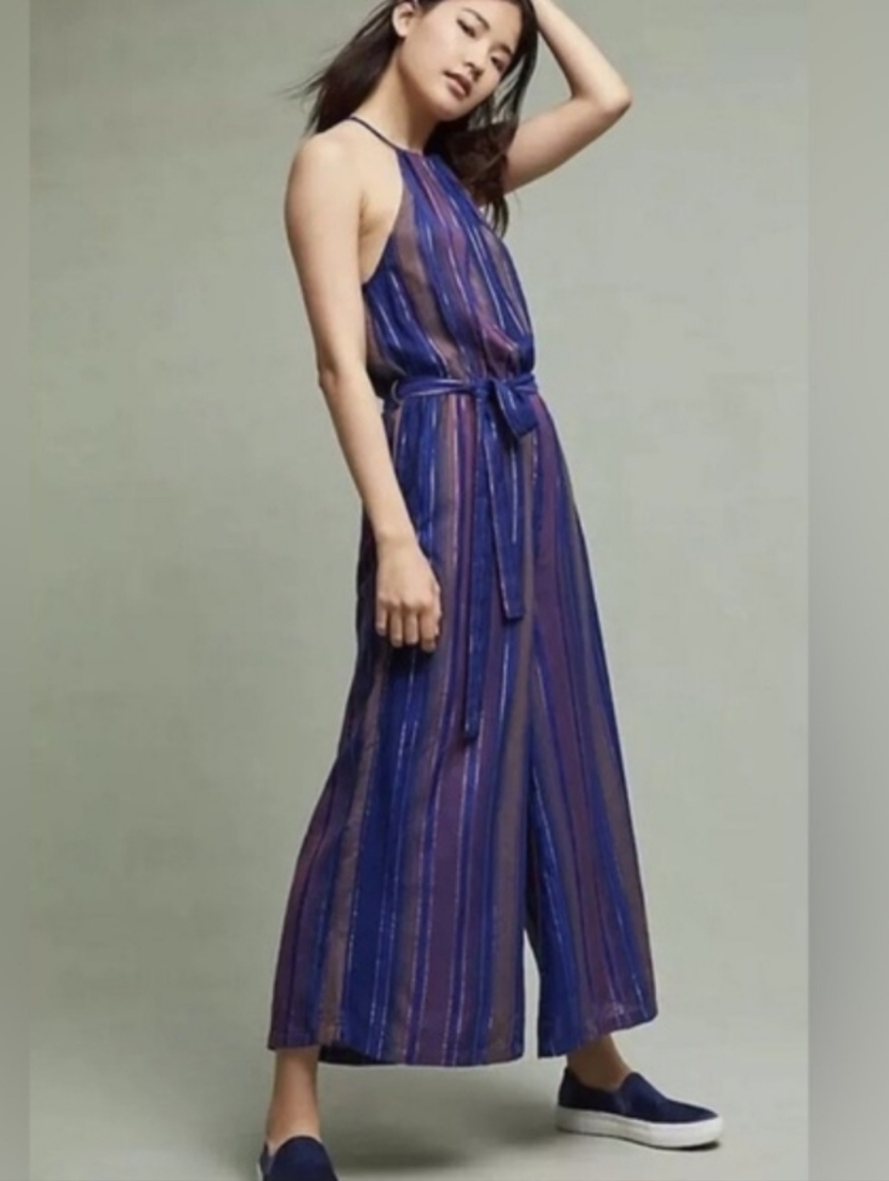Anthropologie Cleobella striped Vibrant Purple Blue metalic Striped Jumpsuit